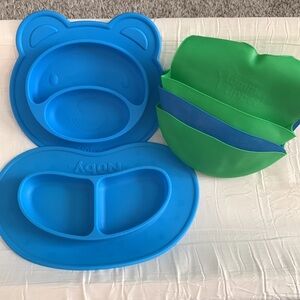 Nuby Toddler Silicone Plates- Blue Bear & Oval & 3 Tommee Tippee Bibs Bundle